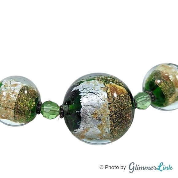 Green & Gold Foil Glass Beads Black Velvet Wire Wrap Choker Necklace - Picture 7 of 10